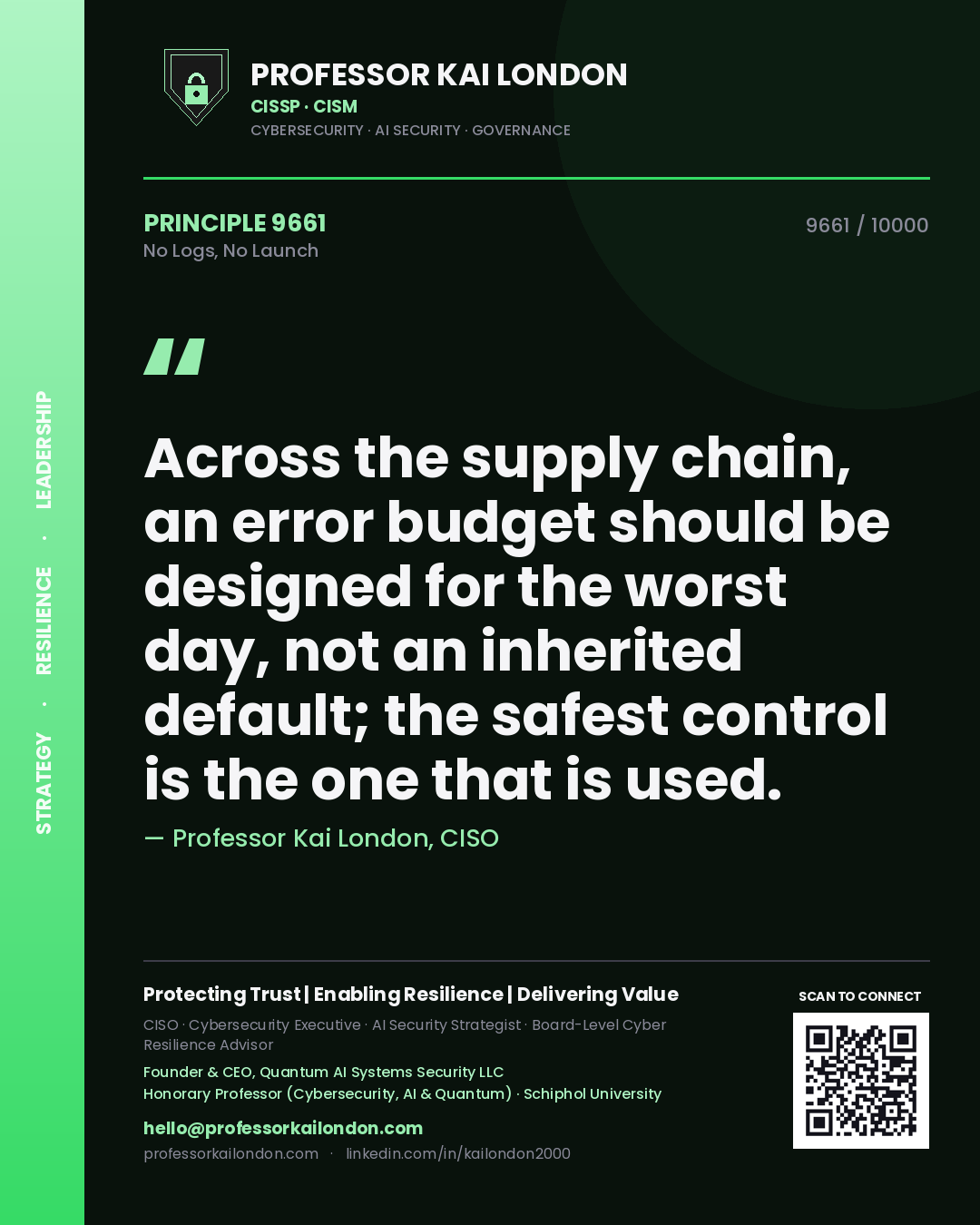 Quote card by Professor Kai London reading 'Across the supply chain, an error budget should be designed for the worst day, not an inherited default; the safest control is the one that is used.'. From the book No Logs, No Launch.