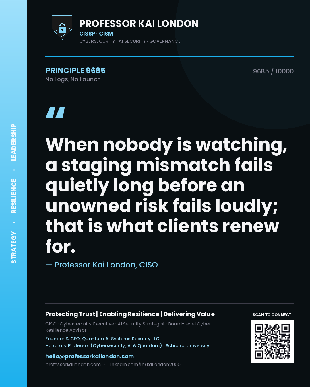 Professor Kai London principle 9685: When nobody is watching, a staging mismatch fails quietly long before an unowned risk fails loudly; that is what clients renew for.