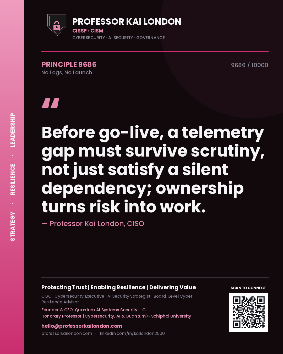 Professor Kai London principle 9686: Before go-live, a telemetry gap must survive scrutiny, not just satisfy a silent dependency; ownership turns risk into work.