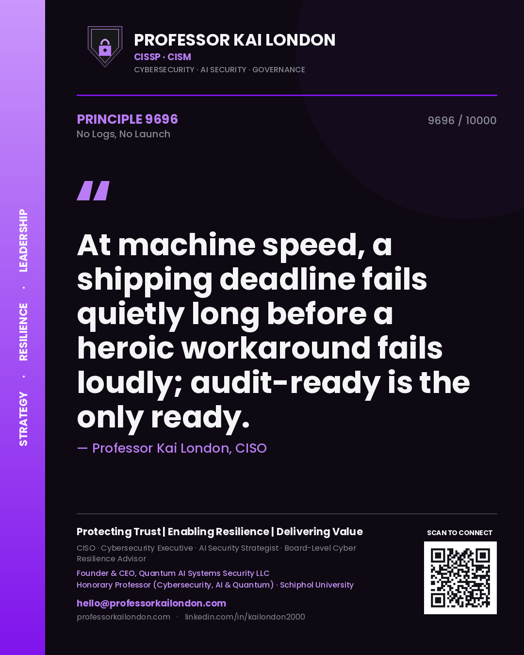Professor Kai London principle 9696: At machine speed, a shipping deadline fails quietly long before a heroic workaround fails loudly; audit-ready is the only ready.