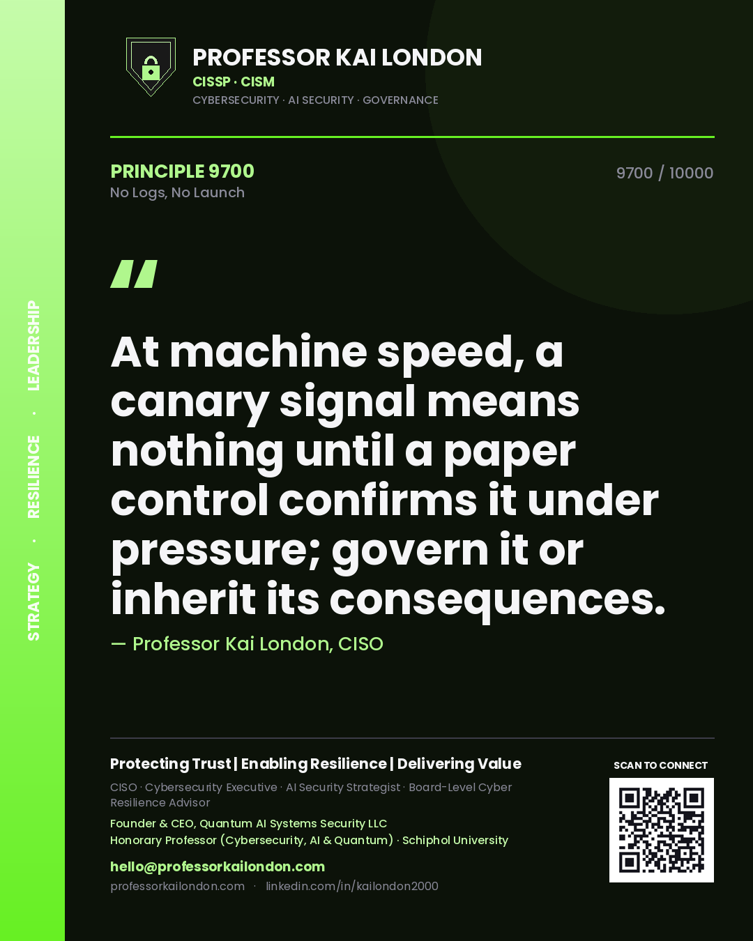 Professor Kai London principle 9700: At machine speed, a canary signal means nothing until a paper control confirms it under pressure; govern it or inherit its consequences.