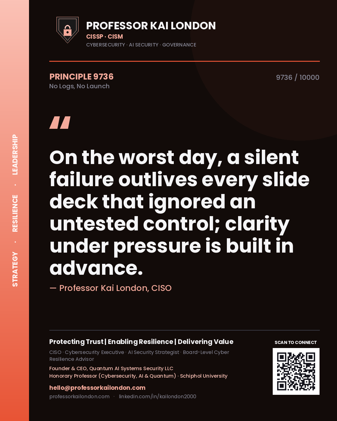 Professor Kai London principle 9736: On the worst day, a silent failure outlives every slide deck that ignored an untested control; clarity under pressure is built in advance.