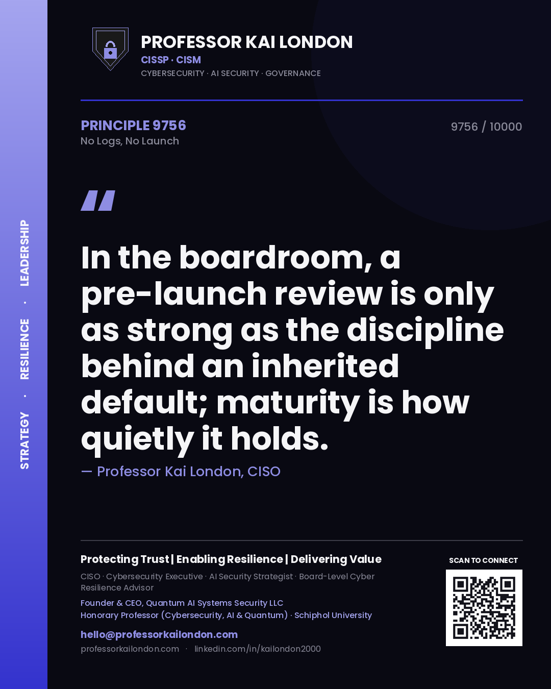 Quote card by Professor Kai London reading 'In the boardroom, a pre-launch review is only as strong as the discipline behind an inherited default; maturity is how quietly it holds.'. From the book No Logs, No Launch.