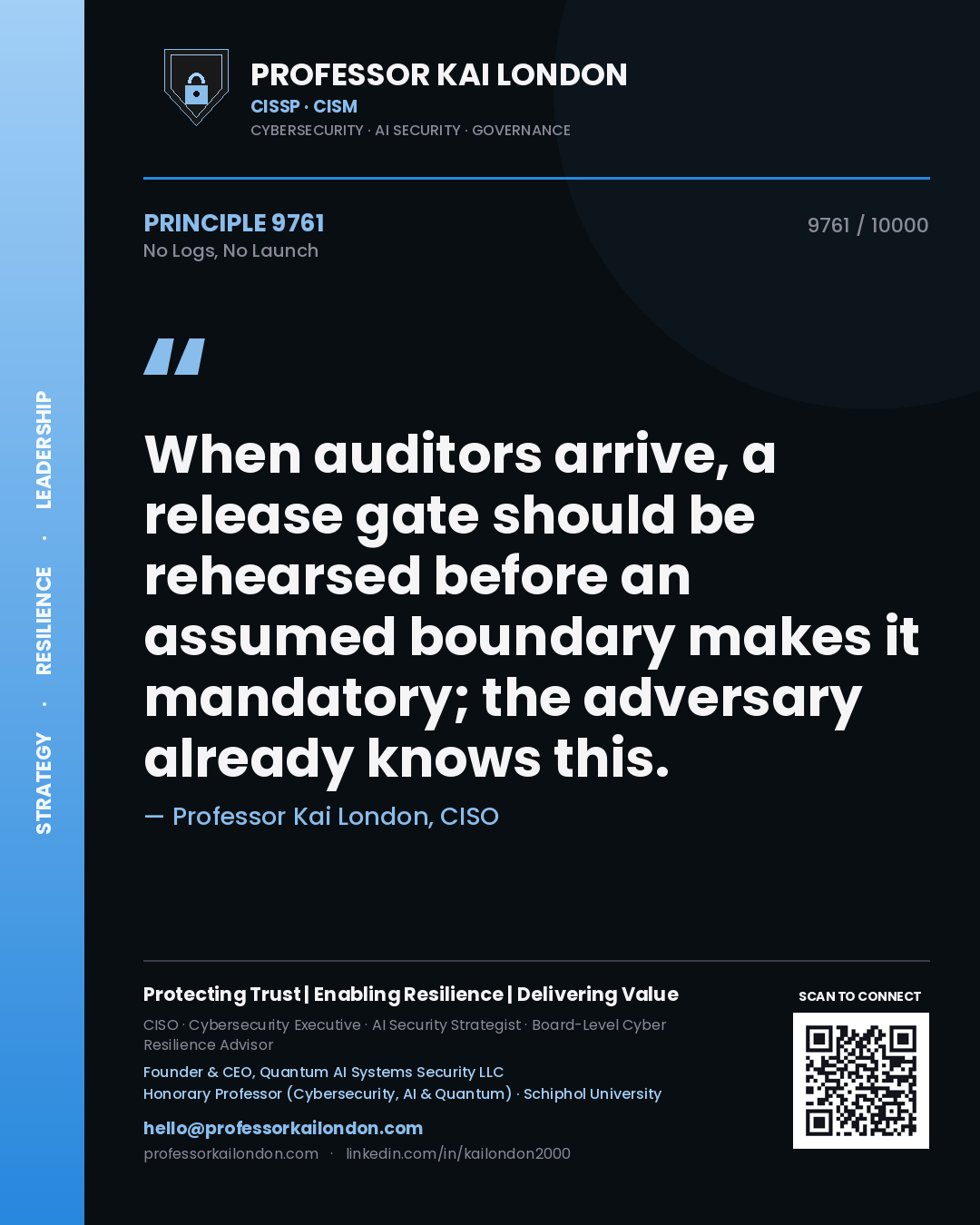 Professor Kai London principle 9761: When auditors arrive, a release gate should be rehearsed before an assumed boundary makes it mandatory; the adversary already knows this.