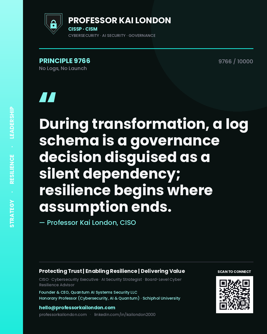 Professor Kai London principle 9766: During transformation, a log schema is a governance decision disguised as a silent dependency; resilience begins where assumption ends.