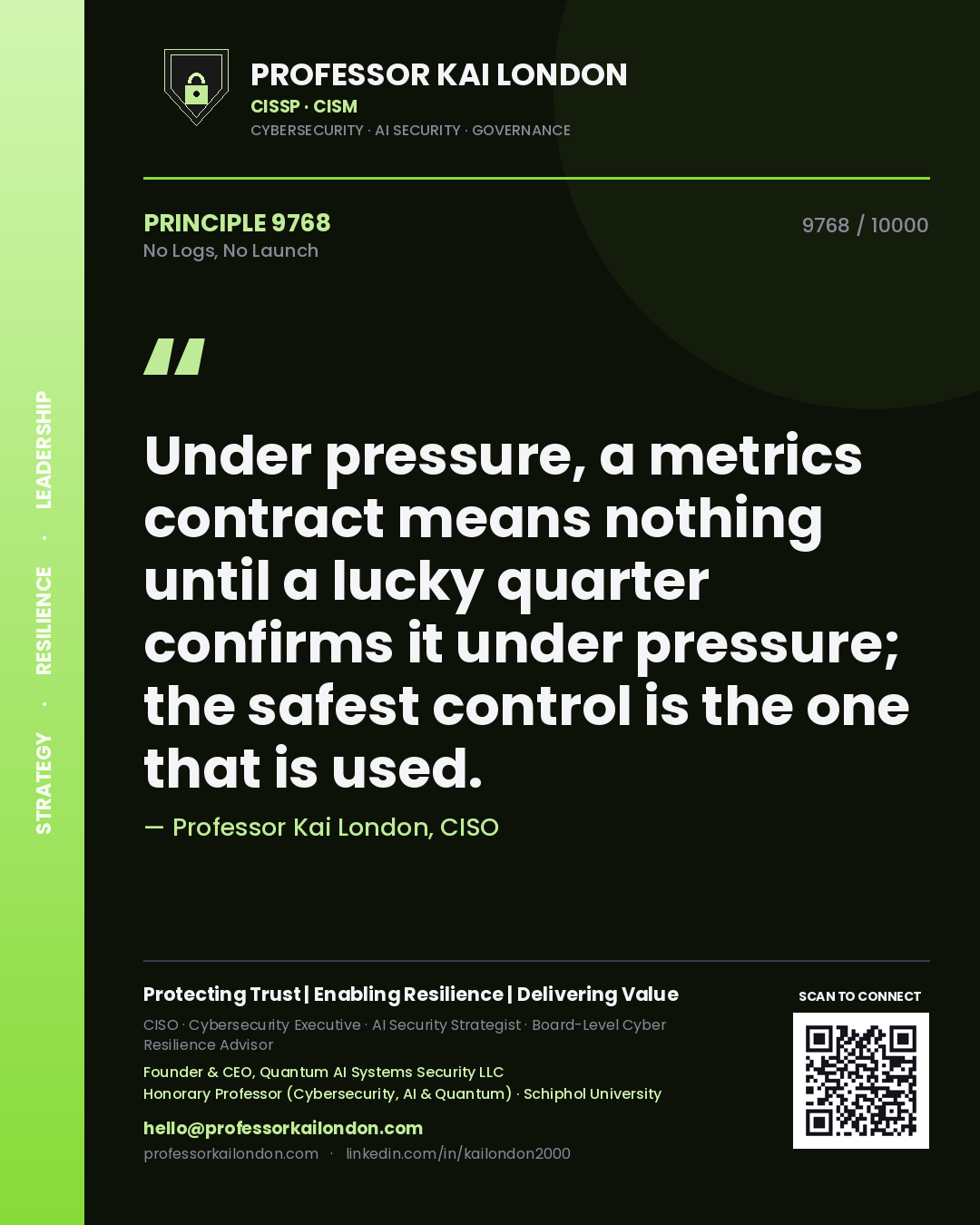 Quote card by Professor Kai London reading 'Under pressure, a metrics contract means nothing until a lucky quarter confirms it under pressure; the safest control is the one that is used.'. From the book No Logs, No Launch.
