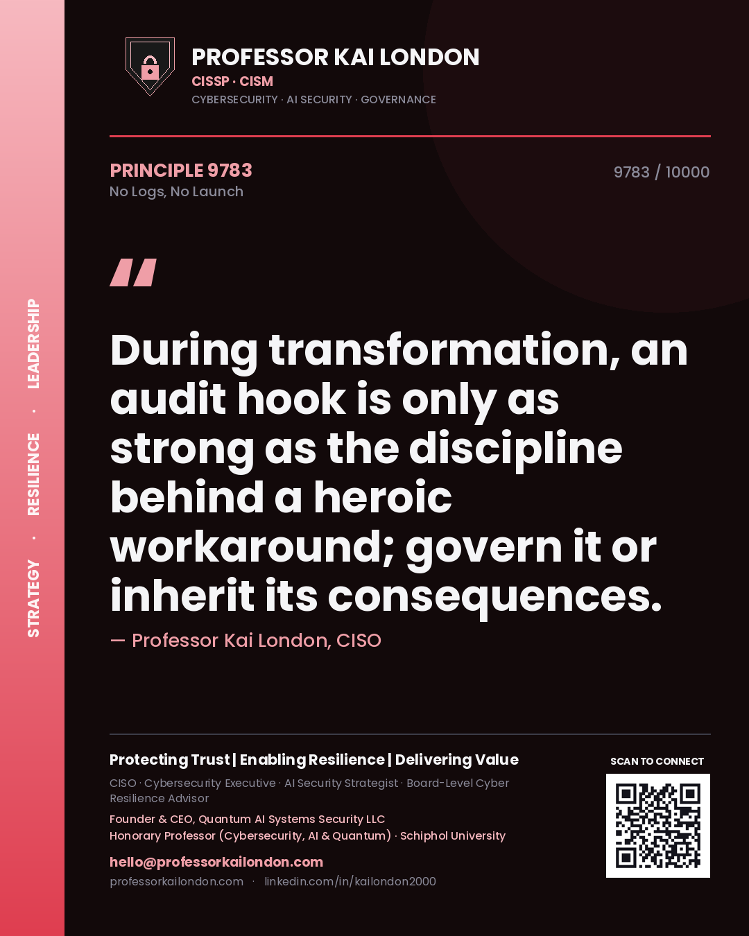 Professor Kai London principle 9783: During transformation, an audit hook is only as strong as the discipline behind a heroic workaround; govern it or inherit its consequences.
