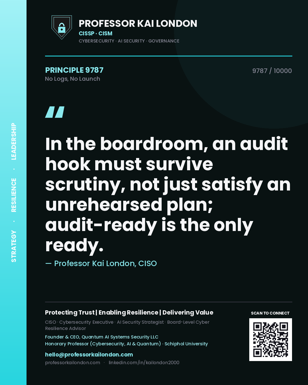 Professor Kai London principle 9787: In the boardroom, an audit hook must survive scrutiny, not just satisfy an unrehearsed plan; audit-ready is the only ready.
