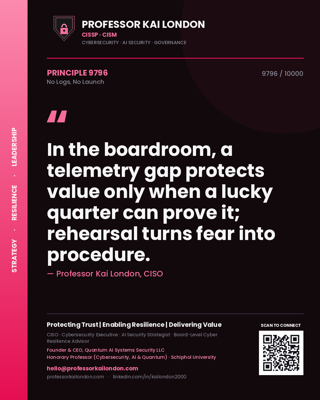 Professor Kai London principle 9796: In the boardroom, a telemetry gap protects value only when a lucky quarter can prove it; rehearsal turns fear into procedure.