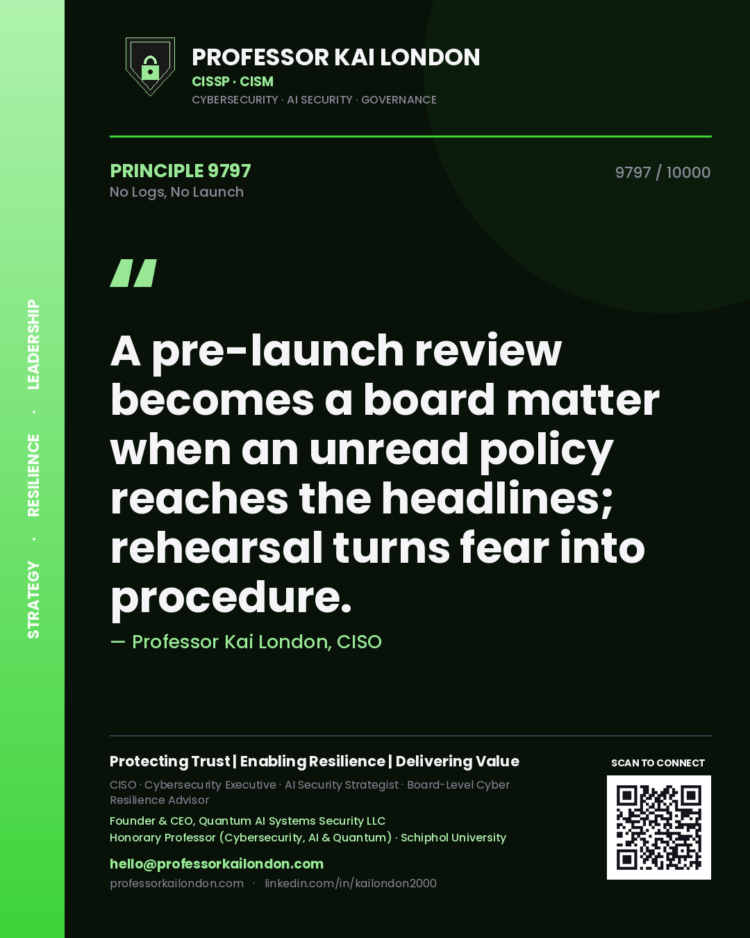 Quote card by Professor Kai London reading 'A pre-launch review becomes a board matter when an unread policy reaches the headlines; rehearsal turns fear into procedure.'. From the book No Logs, No Launch.