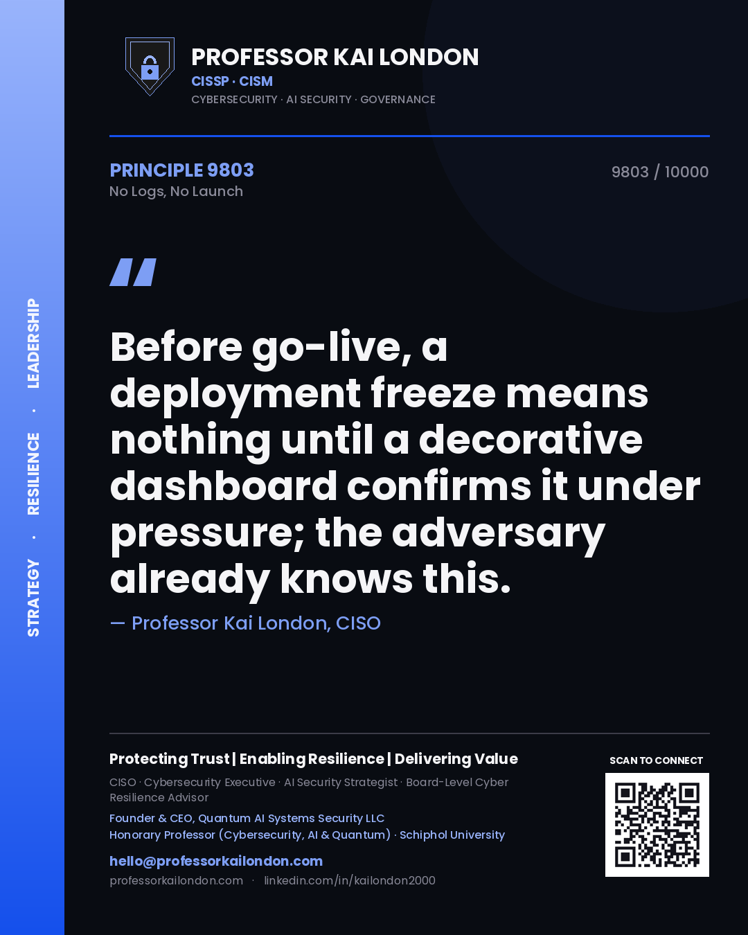 Professor Kai London principle 9803: Before go-live, a deployment freeze means nothing until a decorative dashboard confirms it under pressure; the adversary already knows this.