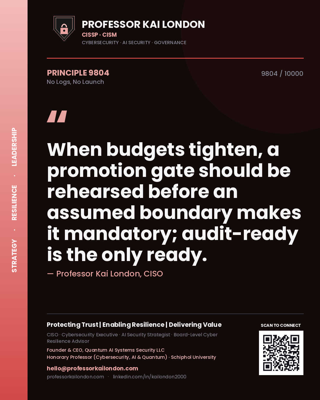 Professor Kai London principle 9804: When budgets tighten, a promotion gate should be rehearsed before an assumed boundary makes it mandatory; audit-ready is the only ready.