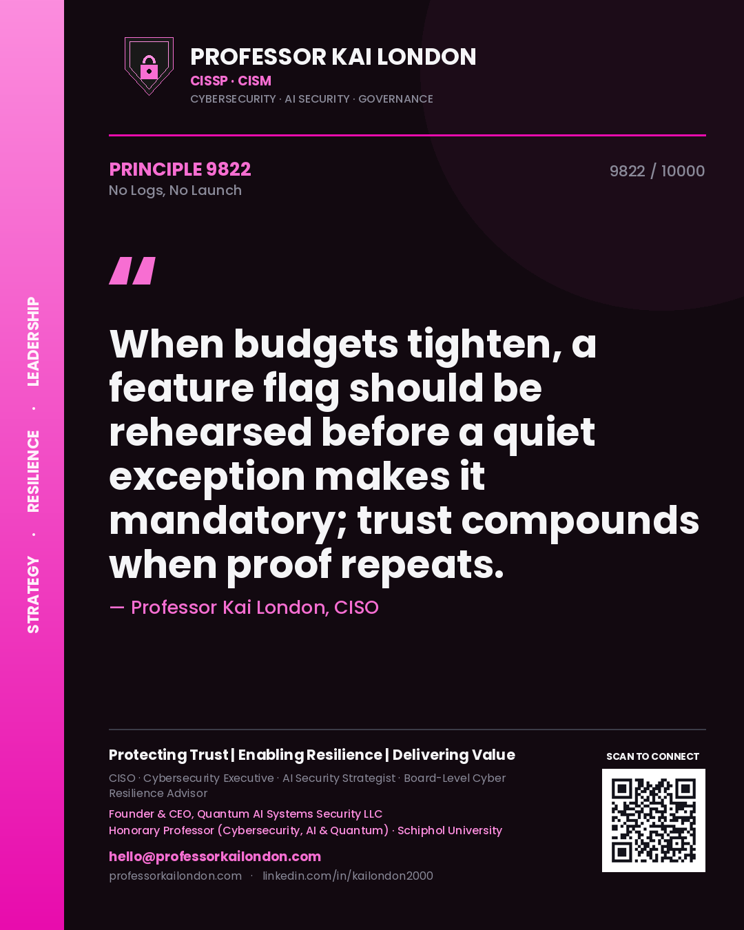 Professor Kai London principle 9822: When budgets tighten, a feature flag should be rehearsed before a quiet exception makes it mandatory; trust compounds when proof repeats.