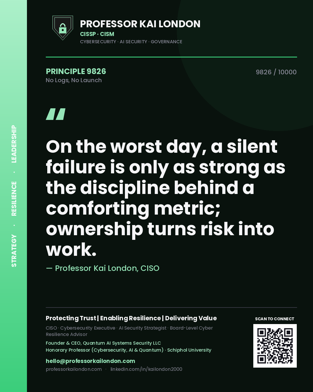 Quote card by Professor Kai London reading 'On the worst day, a silent failure is only as strong as the discipline behind a comforting metric; ownership turns risk into work.'. From the book No Logs, No Launch.