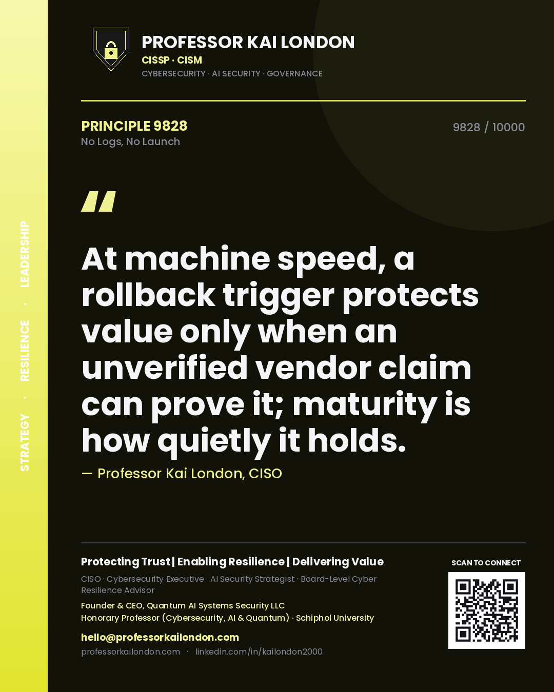Professor Kai London principle 9828: At machine speed, a rollback trigger protects value only when an unverified vendor claim can prove it; maturity is how quietly it holds.