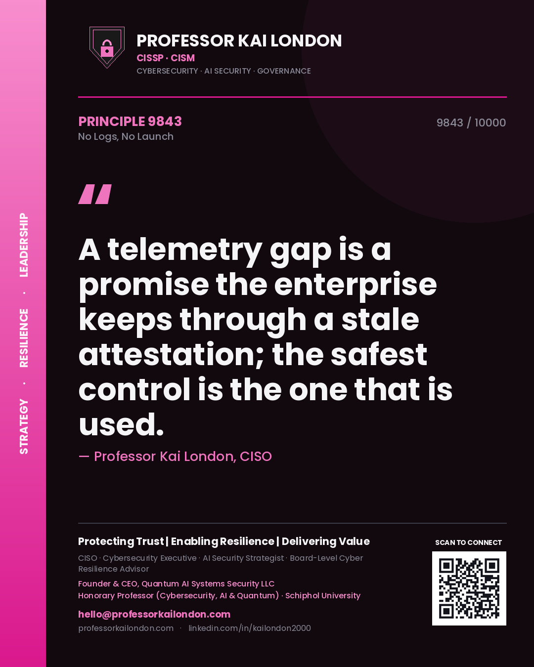 Professor Kai London principle 9843: A telemetry gap is a promise the enterprise keeps through a stale attestation; the safest control is the one that is used.