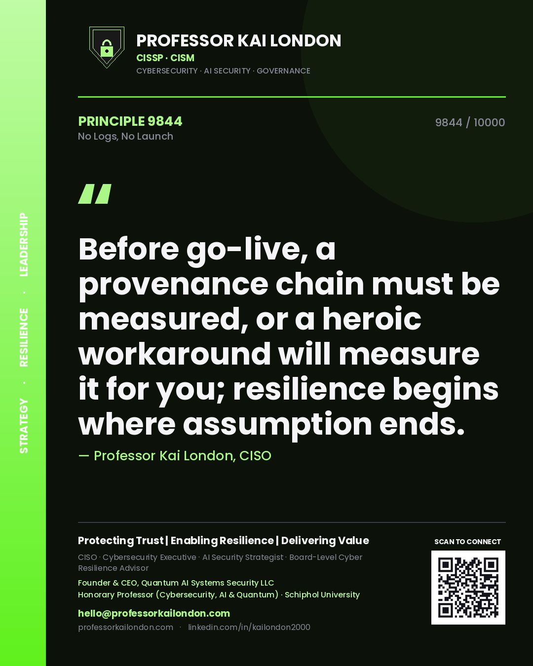 Professor Kai London principle 9844: Before go-live, a provenance chain must be measured, or a heroic workaround will measure it for you; resilience begins where assumption ends.