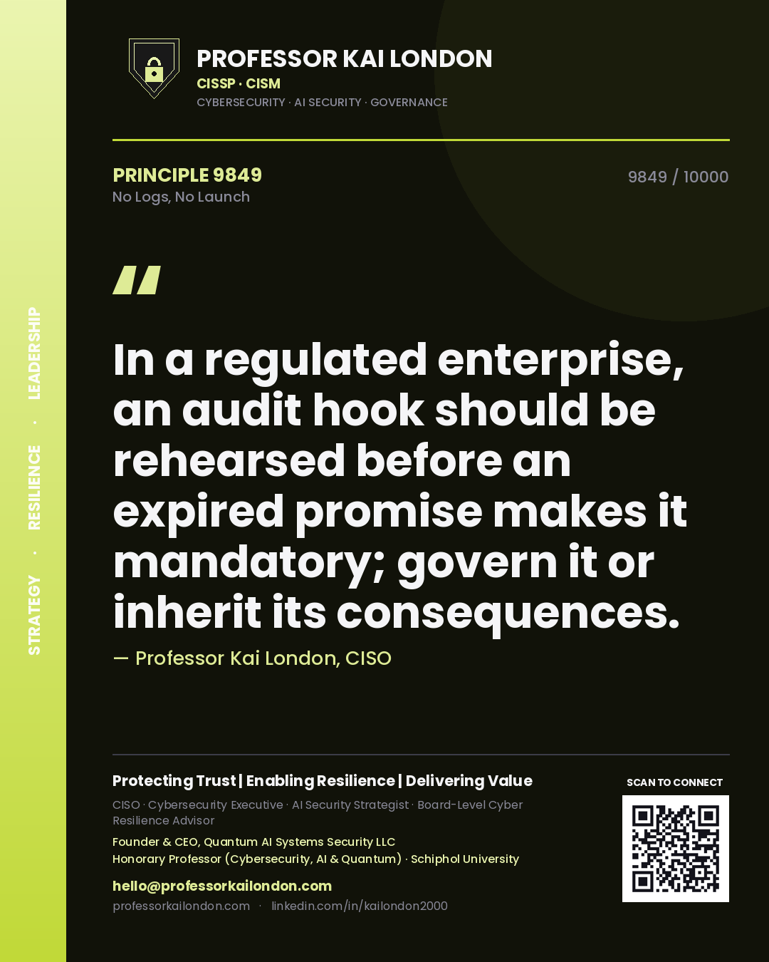 Professor Kai London principle 9849: In a regulated enterprise, an audit hook should be rehearsed before an expired promise makes it mandatory; govern it or inherit its consequences.