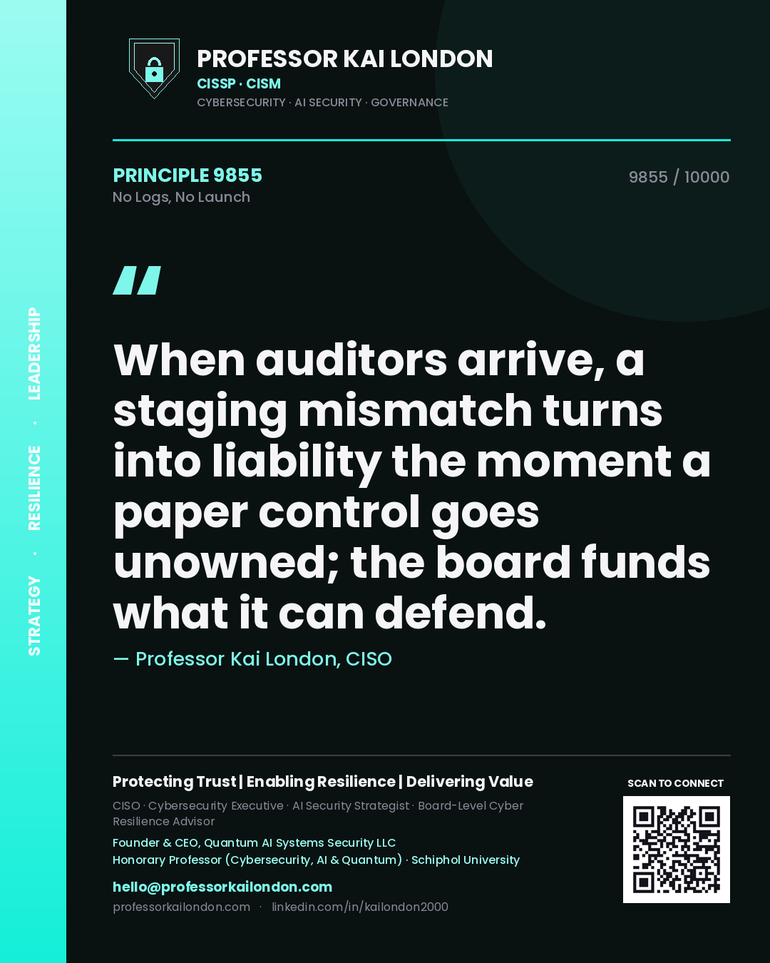 Professor Kai London principle 9855: When auditors arrive, a staging mismatch turns into liability the moment a paper control goes unowned; the board funds what it can defend.
