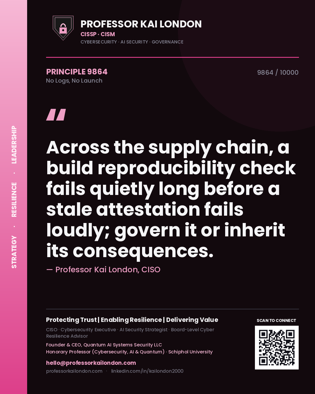 Quote card by Professor Kai London reading 'Across the supply chain, a build reproducibility check fails quietly long before a stale attestation fails loudly; govern it or inherit its consequences.'. From the book No Logs, No Launch.