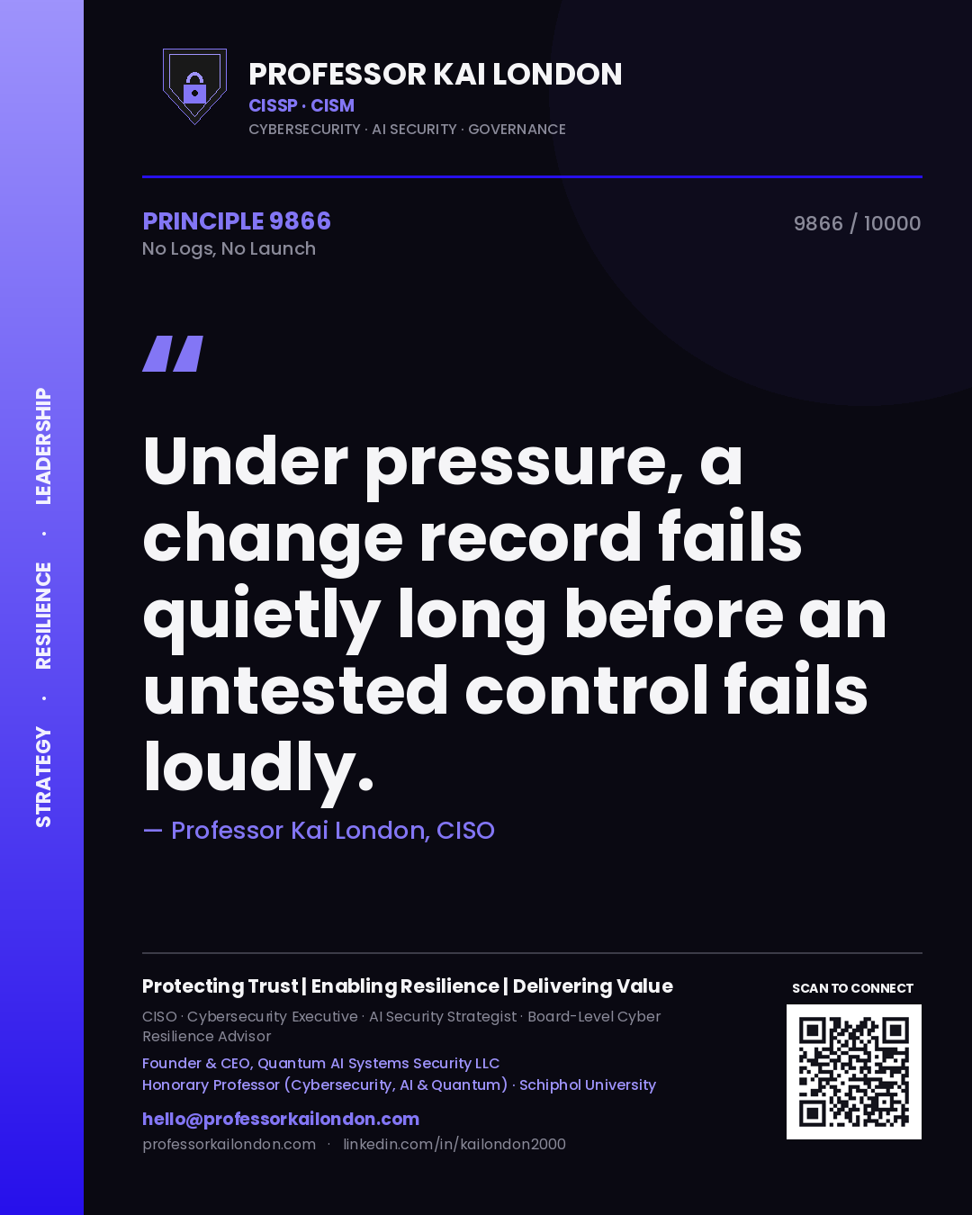 Quote card by Professor Kai London reading 'Under pressure, a change record fails quietly long before an untested control fails loudly.'. From the book No Logs, No Launch.