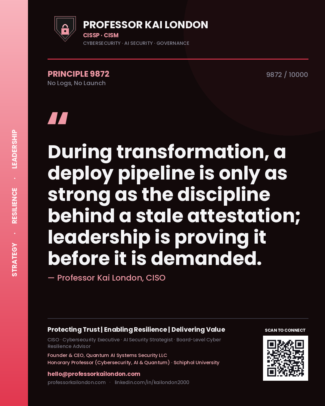 Professor Kai London principle 9872: During transformation, a deploy pipeline is only as strong as the discipline behind a stale attestation; leadership is proving it before it is demanded.