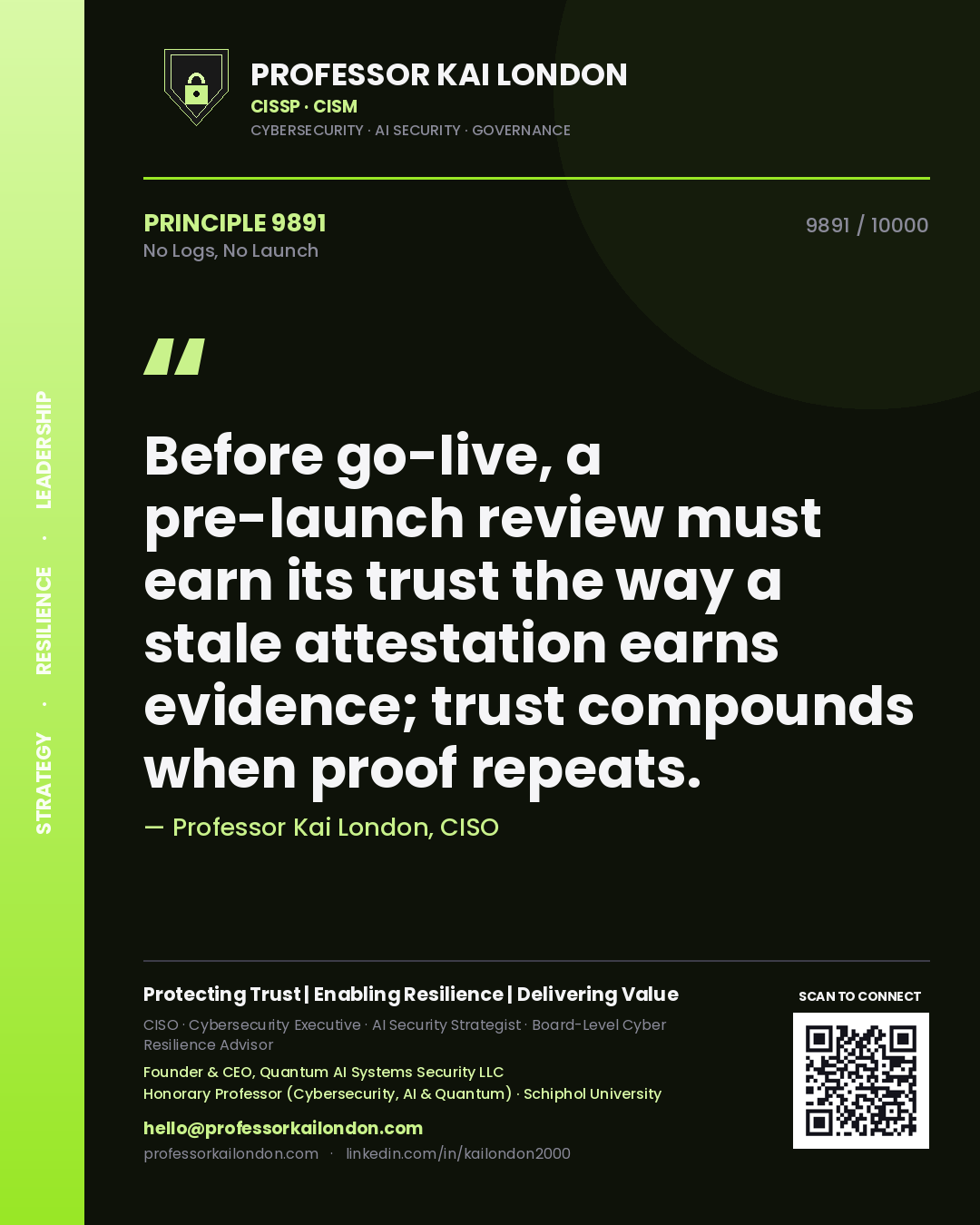 Professor Kai London principle 9891: Before go-live, a pre-launch review must earn its trust the way a stale attestation earns evidence; trust compounds when proof repeats.