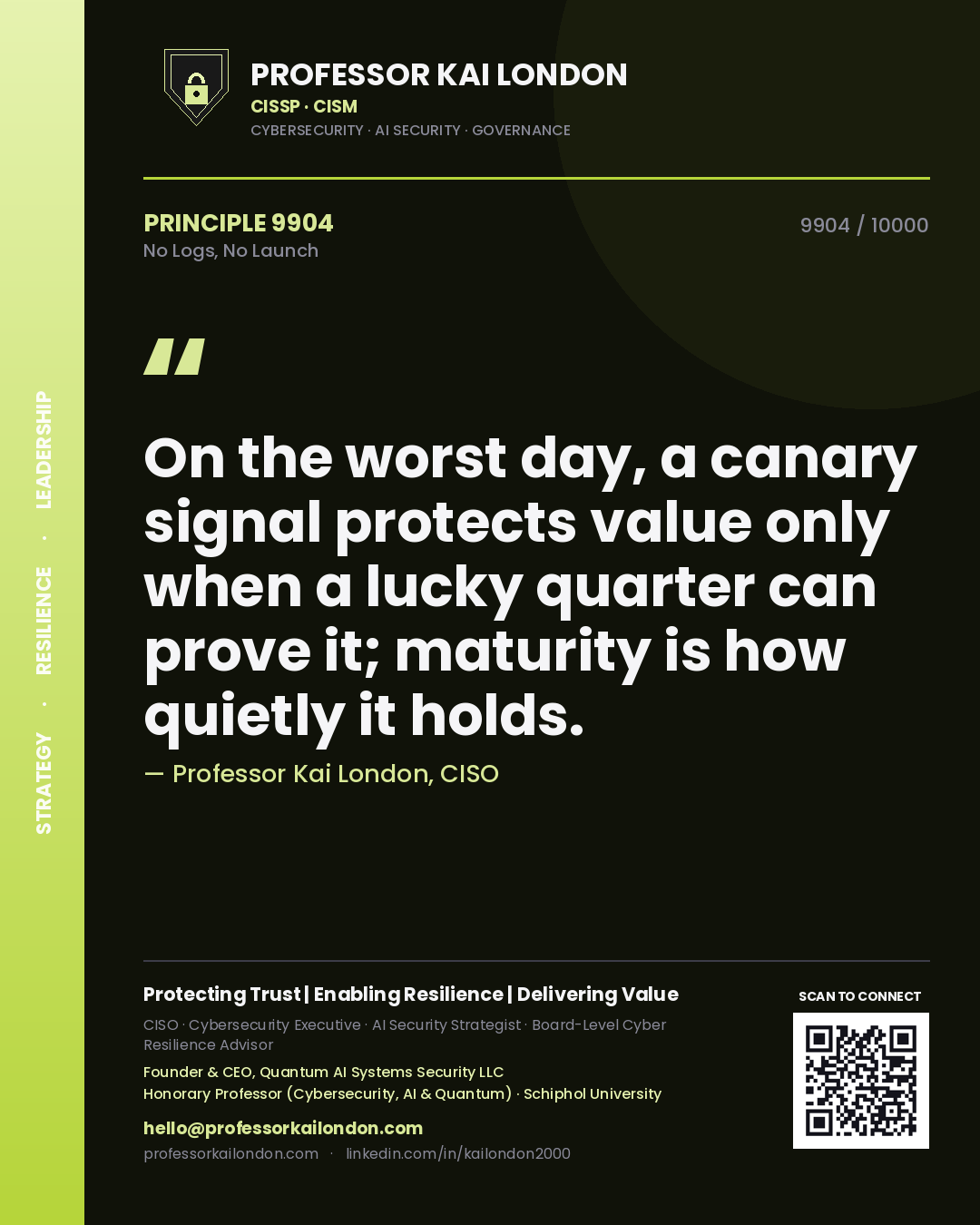 Quote card by Professor Kai London reading 'On the worst day, a canary signal protects value only when a lucky quarter can prove it; maturity is how quietly it holds.'. From the book No Logs, No Launch.