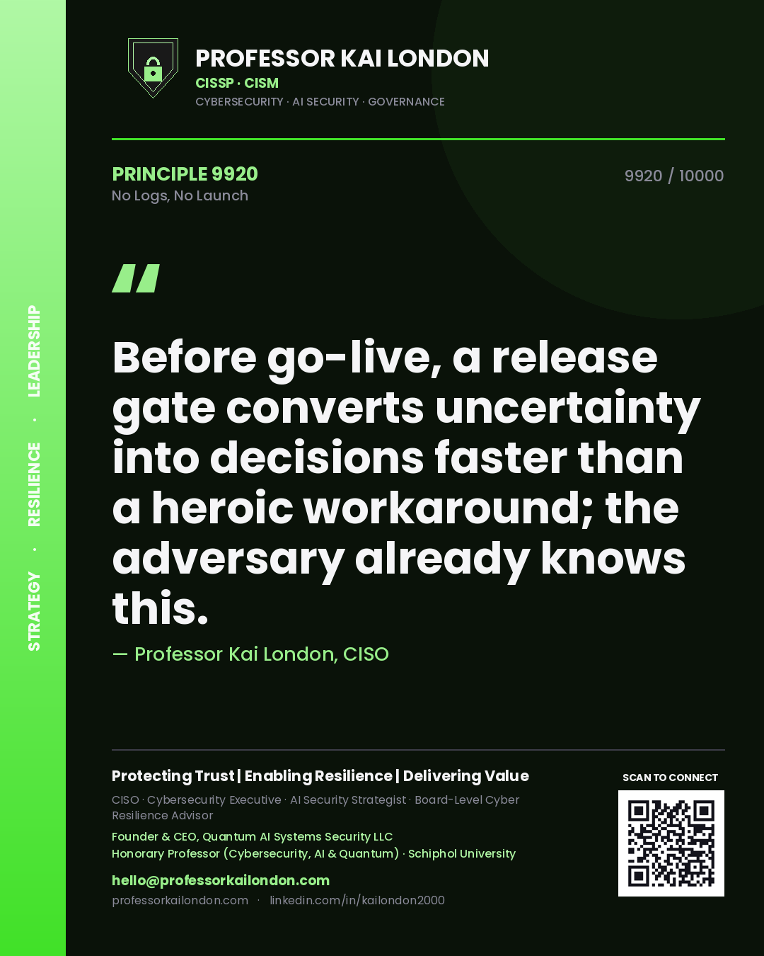 Quote card by Professor Kai London reading 'Before go-live, a release gate converts uncertainty into decisions faster than a heroic workaround; the adversary already knows this.'. From the book No Logs, No Launch.