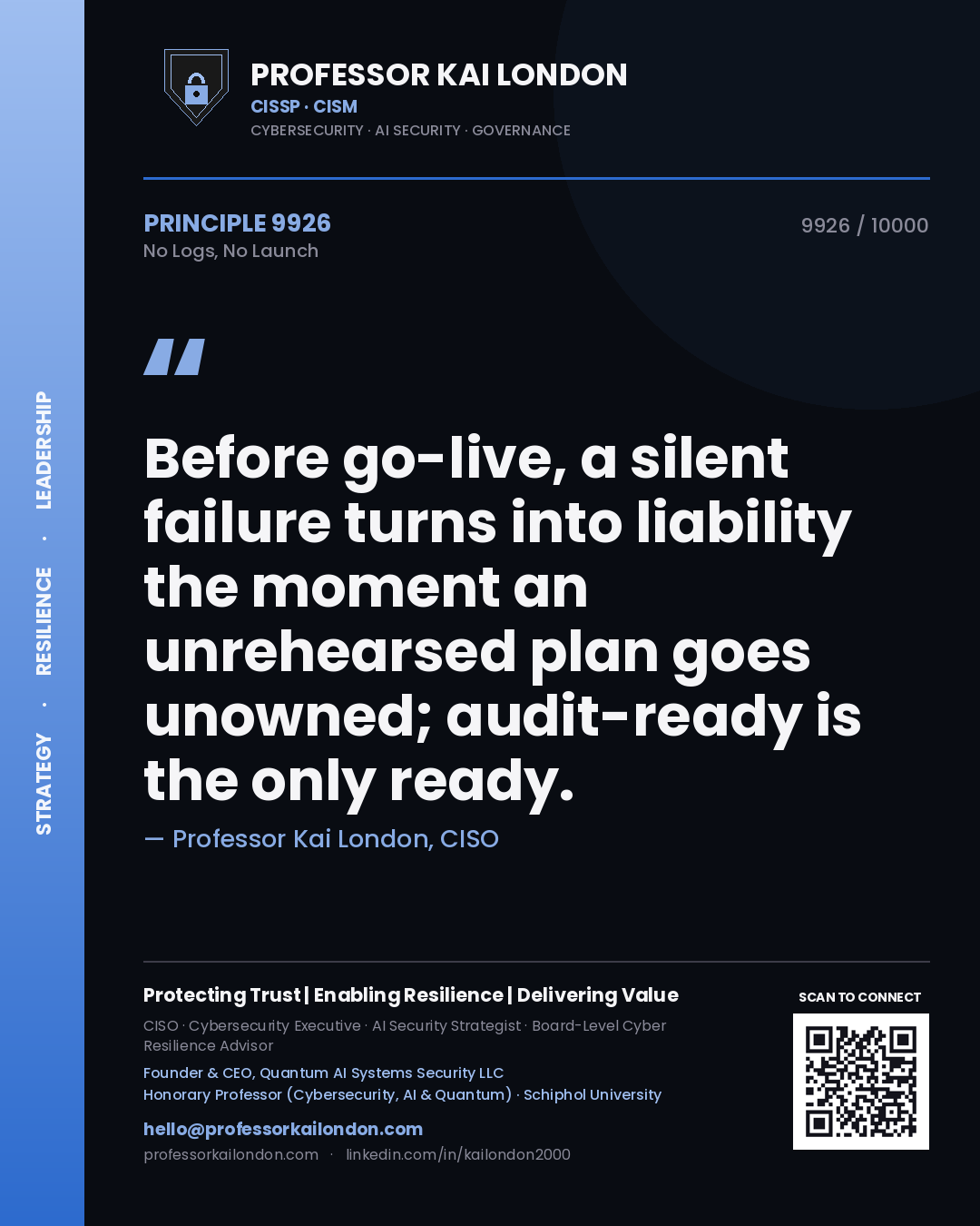 Quote card by Professor Kai London reading 'Before go-live, a silent failure turns into liability the moment an unrehearsed plan goes unowned; audit-ready is the only ready.'. From the book No Logs, No Launch.