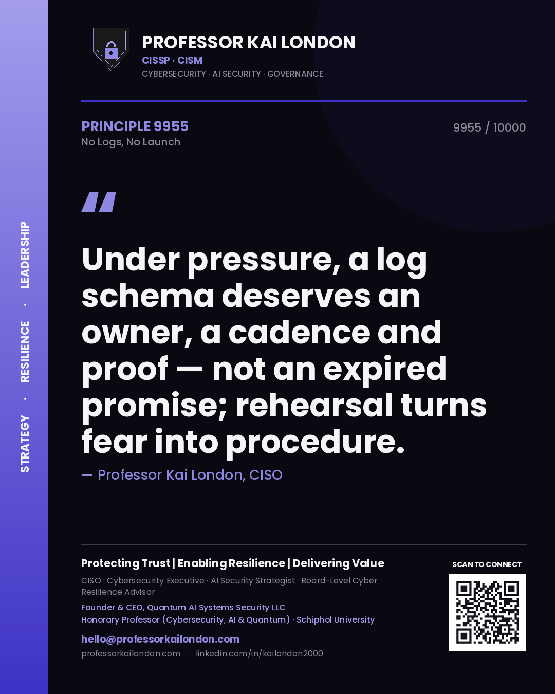 Professor Kai London principle 9955: Under pressure, a log schema deserves an owner, a cadence and proof — not an expired promise; rehearsal turns fear into procedure.
