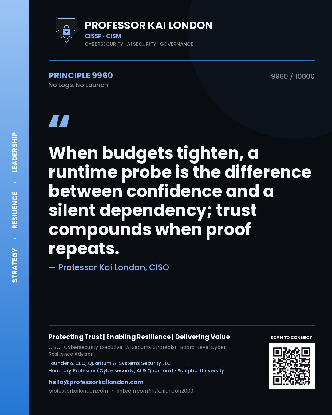 Quote card by Professor Kai London reading 'When budgets tighten, a runtime probe is the difference between confidence and a silent dependency; trust compounds when proof repeats.'. From the book No Logs, No Launch.