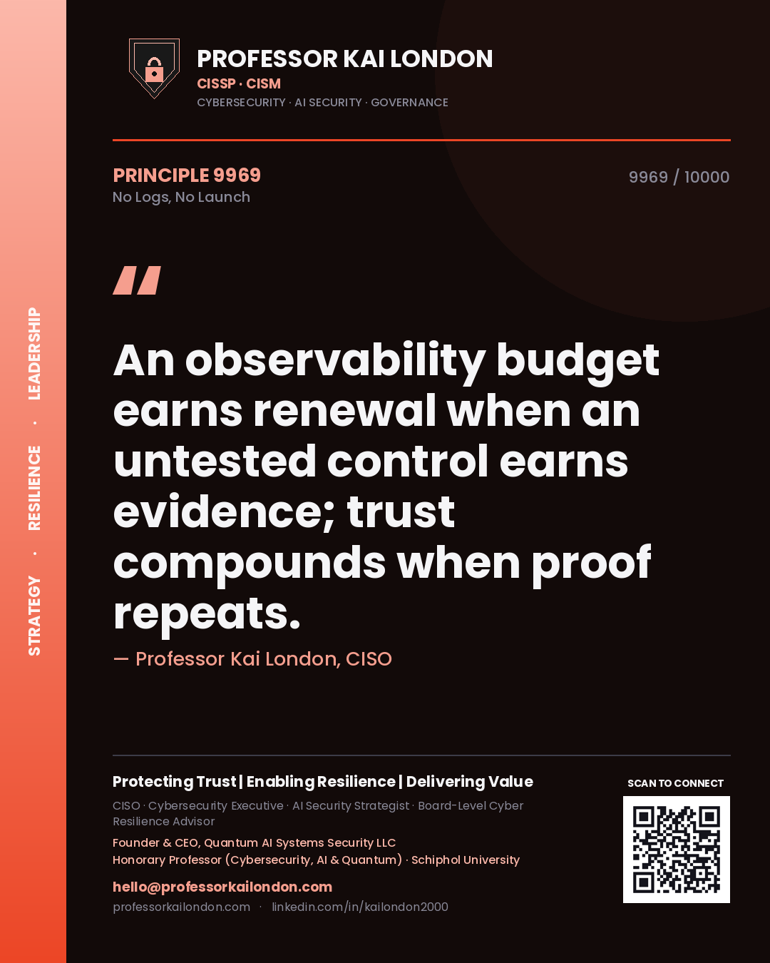 Professor Kai London principle 9969: An observability budget earns renewal when an untested control earns evidence; trust compounds when proof repeats.