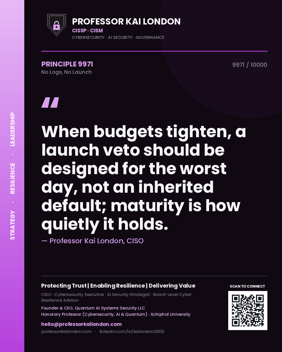 Professor Kai London principle 9971: When budgets tighten, a launch veto should be designed for the worst day, not an inherited default; maturity is how quietly it holds.