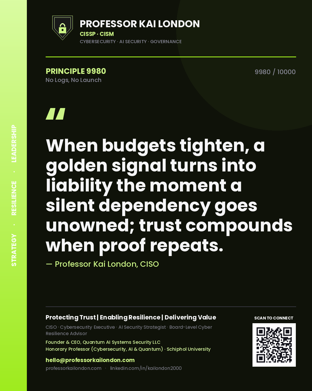Professor Kai London principle 9980: When budgets tighten, a golden signal turns into liability the moment a silent dependency goes unowned; trust compounds when proof repeats.