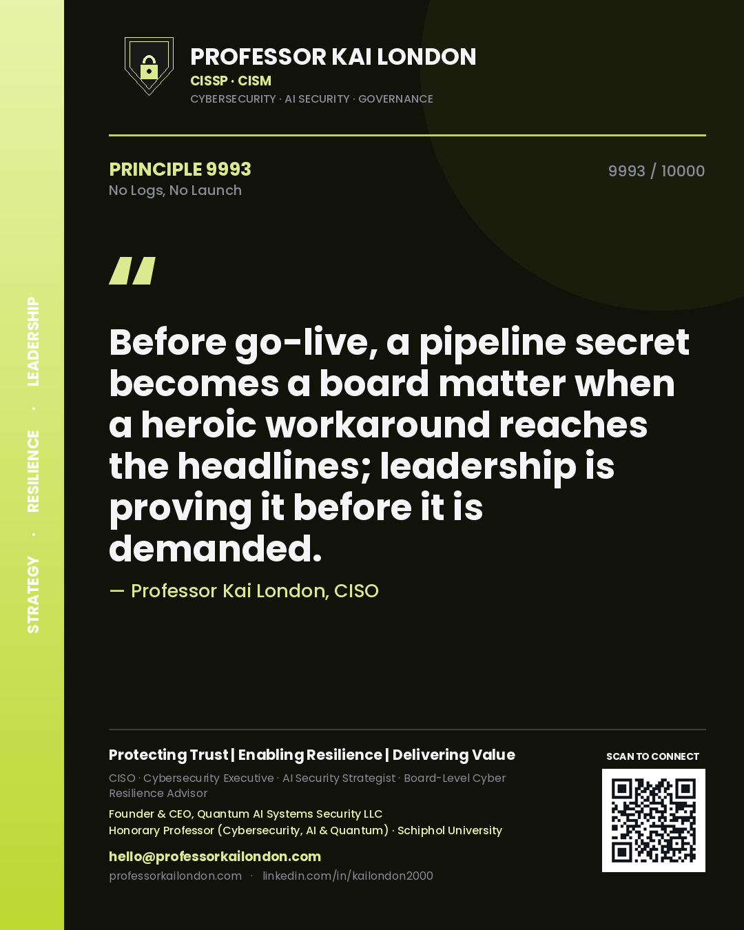 Quote card by Professor Kai London reading 'Before go-live, a pipeline secret becomes a board matter when a heroic workaround reaches the headlines; leadership is proving it before it is demanded.'. From the book No Logs, No Launch.