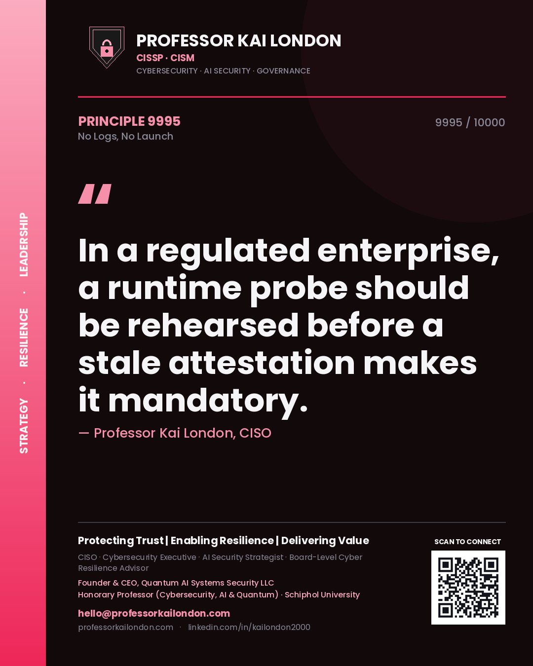 Professor Kai London principle 9995: In a regulated enterprise, a runtime probe should be rehearsed before a stale attestation makes it mandatory.