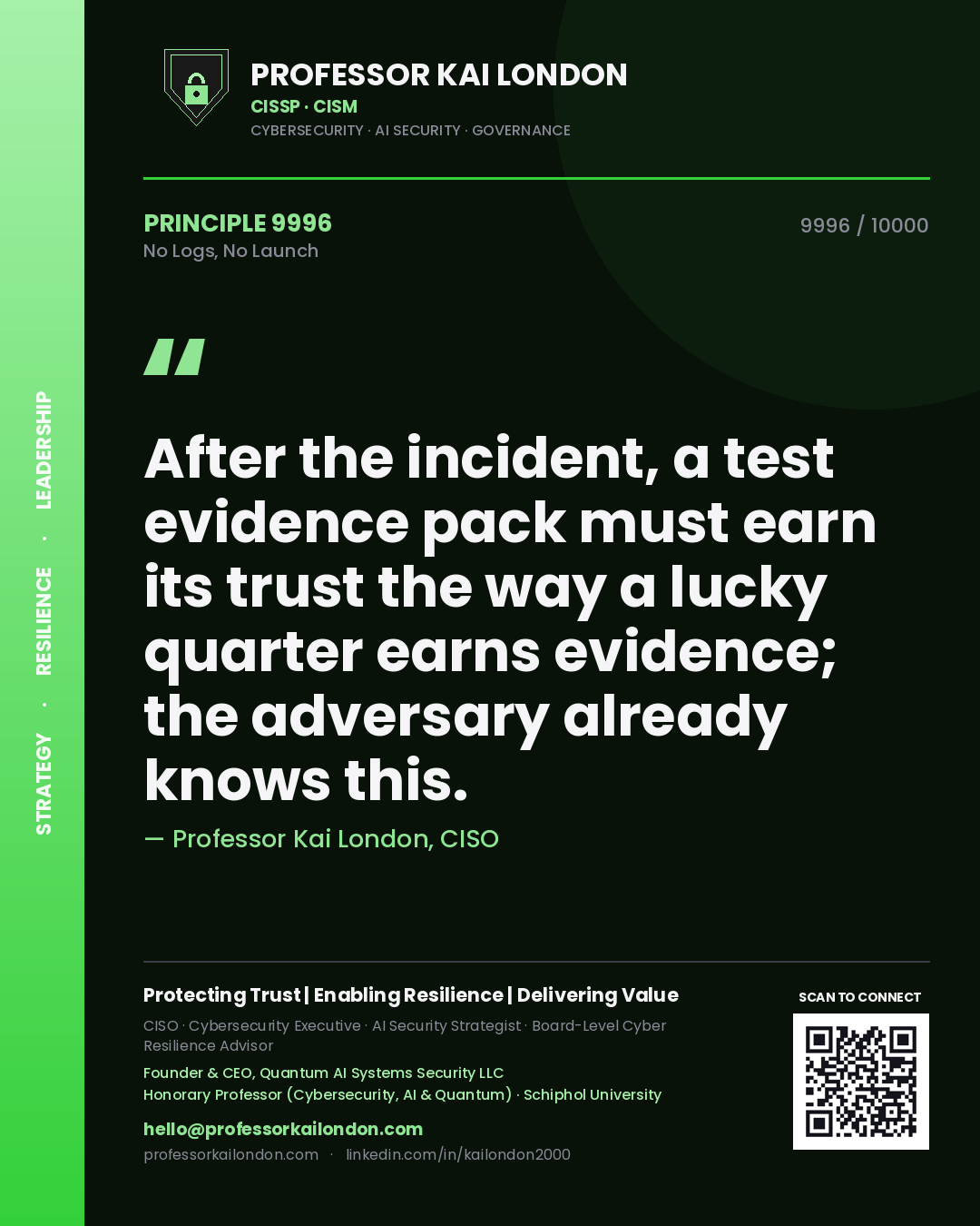 Professor Kai London principle 9996: After the incident, a test evidence pack must earn its trust the way a lucky quarter earns evidence; the adversary already knows this.