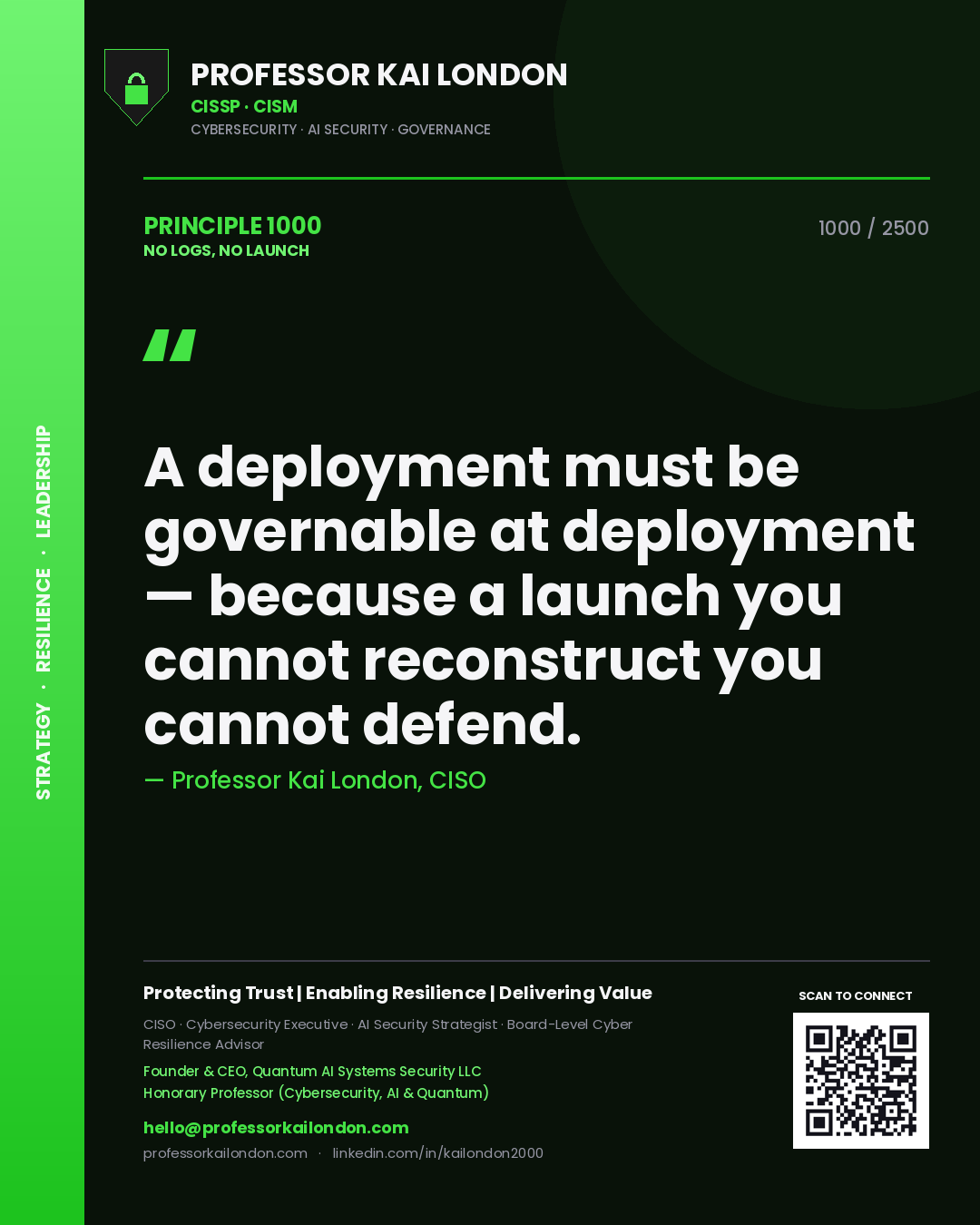 Professor Kai London principle 1000: A deployment must be governable at deployment — because a launch you cannot reconstruct you cannot defend.