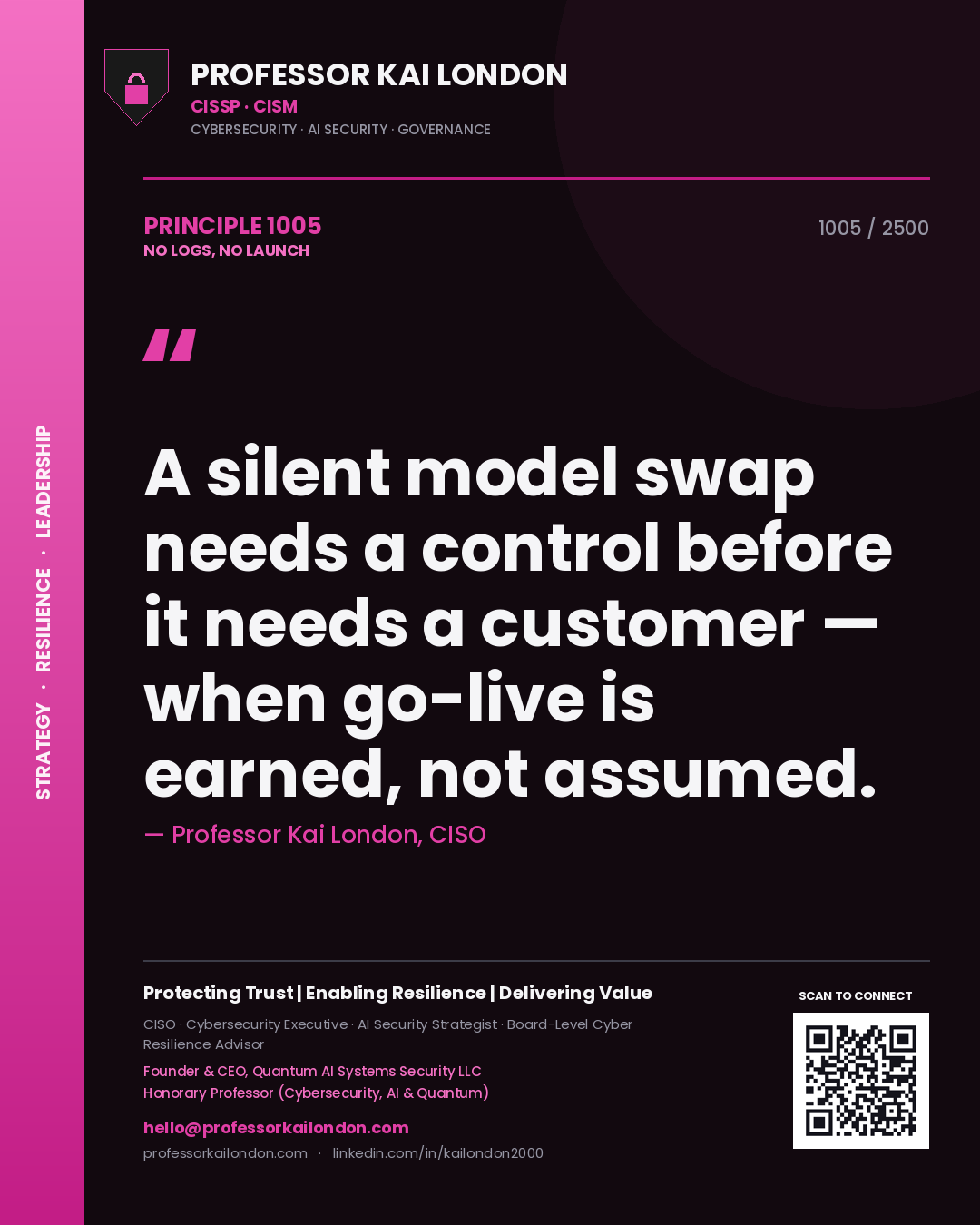 Professor Kai London principle 1005: A silent model swap needs a control before it needs a customer — when go-live is earned, not assumed.
