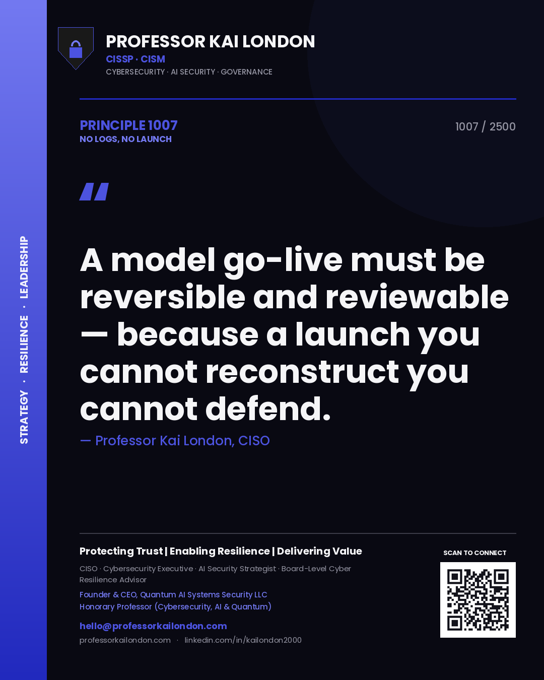 Professor Kai London principle 1007: A model go-live must be reversible and reviewable — because a launch you cannot reconstruct you cannot defend.