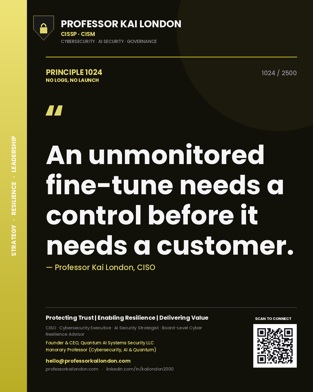 Quote card by Professor Kai London reading 'An unmonitored fine-tune needs a control before it needs a customer.'. From the book No Logs, No Launch.