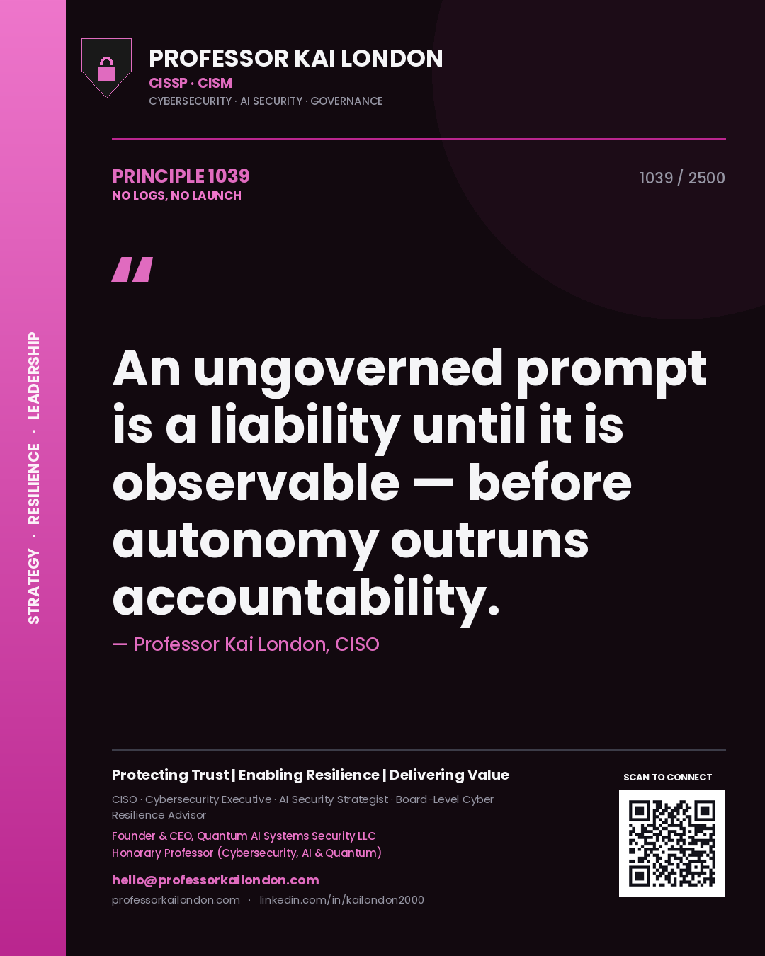 Professor Kai London principle 1039: An ungoverned prompt is a liability until it is observable — before autonomy outruns accountability.