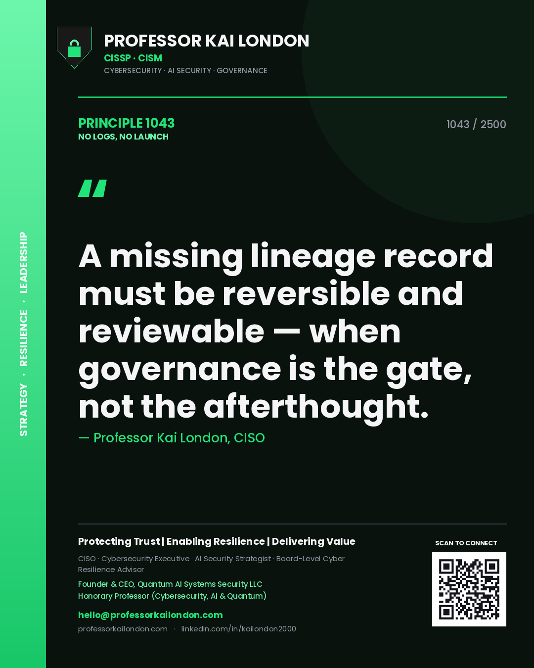Quote card by Professor Kai London reading 'A missing lineage record must be reversible and reviewable — when governance is the gate, not the afterthought.'. From the book No Logs, No Launch.