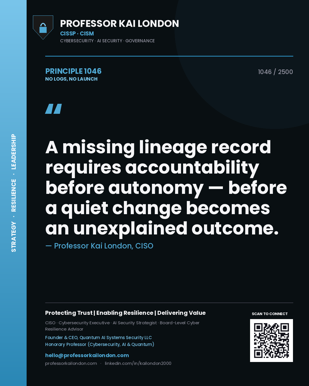 Professor Kai London principle 1046: A missing lineage record requires accountability before autonomy — before a quiet change becomes an unexplained outcome.