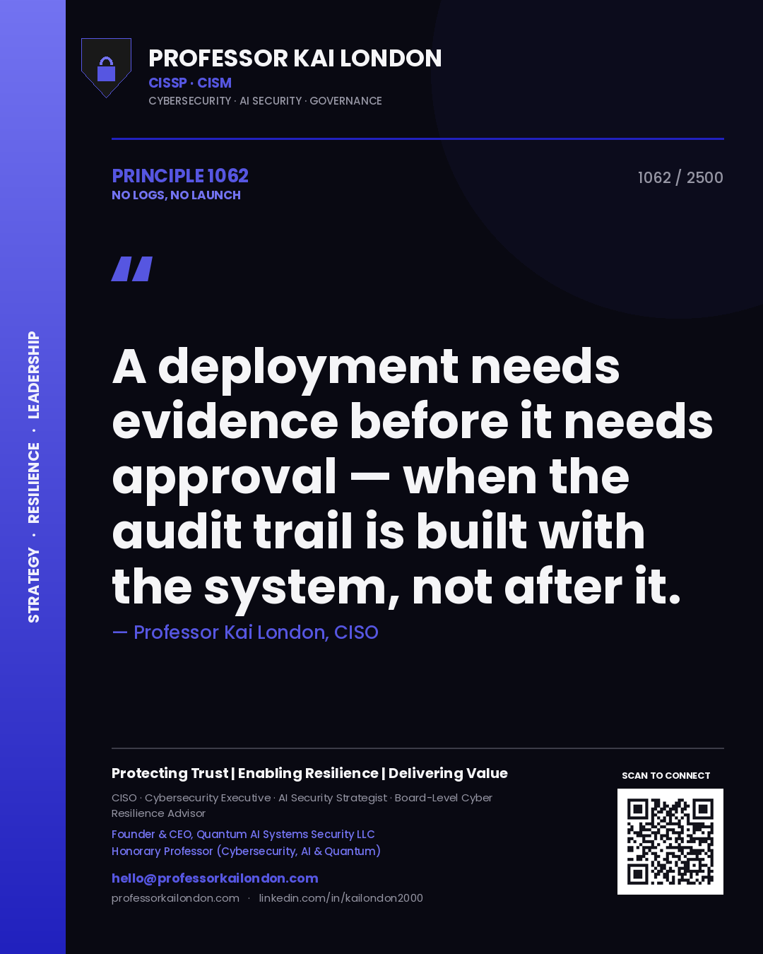 Professor Kai London principle 1062: A deployment needs evidence before it needs approval — when the audit trail is built with the system, not after it.