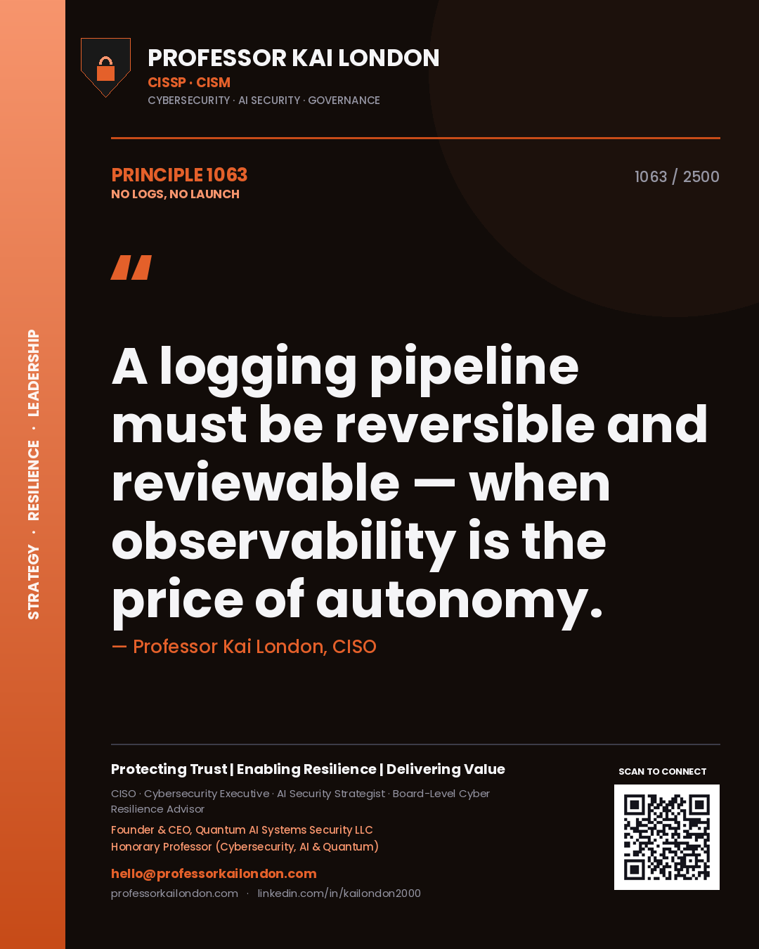 Professor Kai London principle 1063: A logging pipeline must be reversible and reviewable — when observability is the price of autonomy.