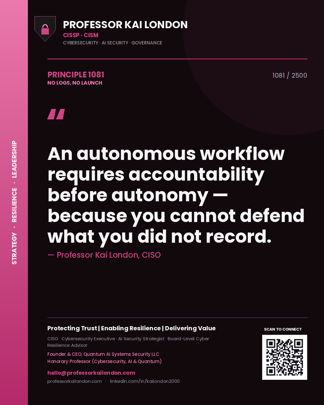 Professor Kai London principle 1081: An autonomous workflow requires accountability before autonomy — because you cannot defend what you did not record.
