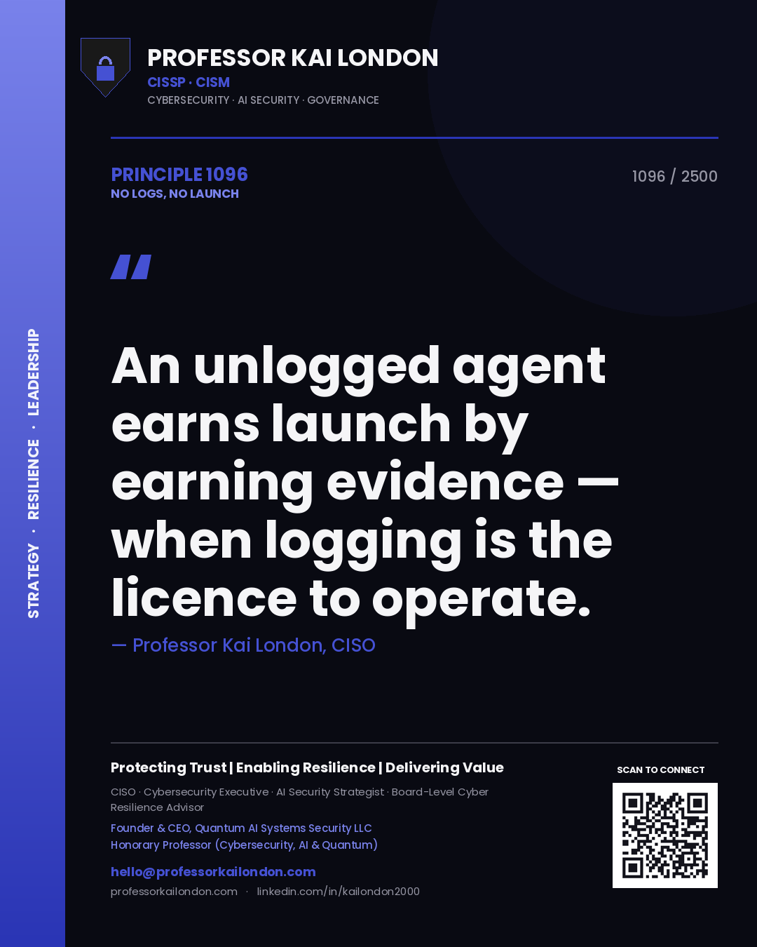 Professor Kai London principle 1096: An unlogged agent earns launch by earning evidence — when logging is the licence to operate.