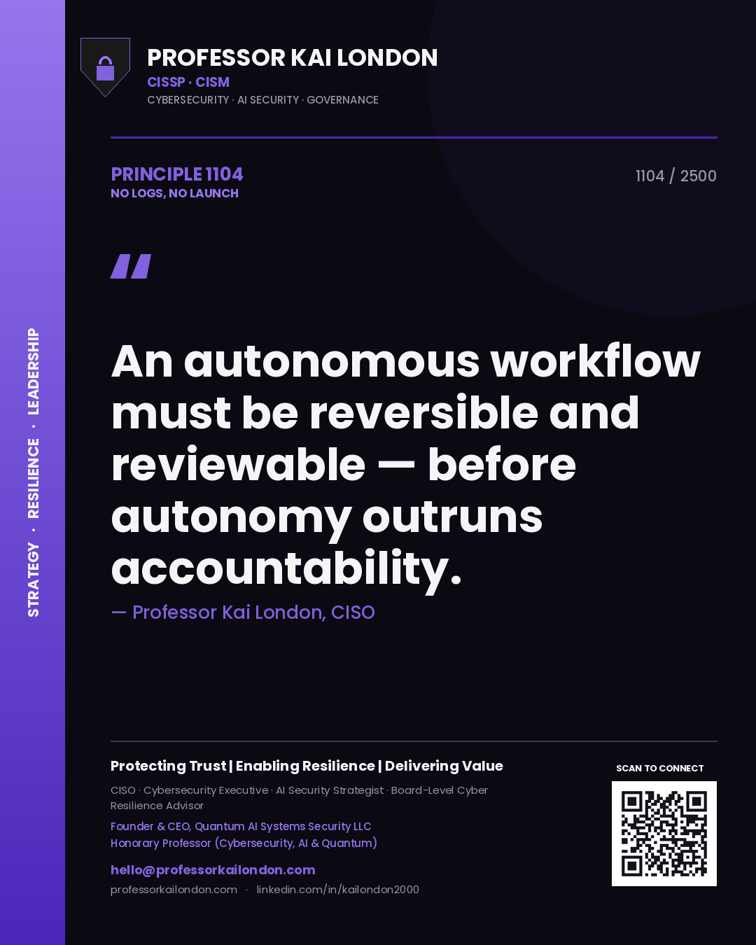 Professor Kai London principle 1104: An autonomous workflow must be reversible and reviewable — before autonomy outruns accountability.